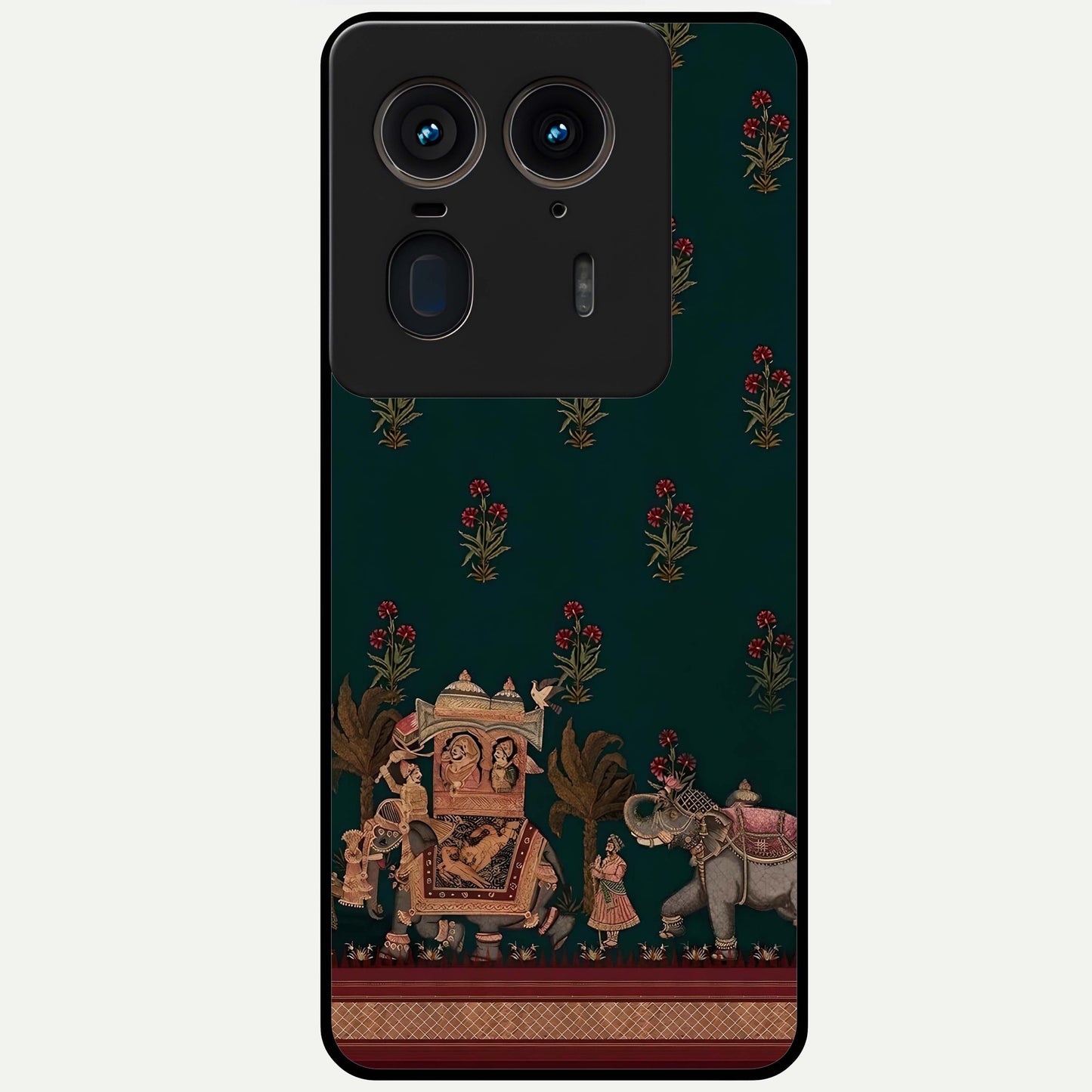 Macmerise Glass Case showing flat back view with stylish modern artwork and glossy glass finish.