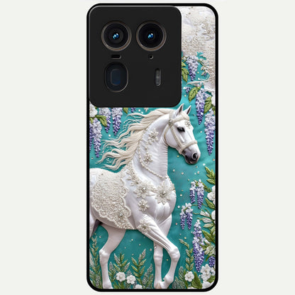 Majestic Floral Stallion Glass Case showing flat back view with powerful horse and floral artwork and glossy glass finish.
