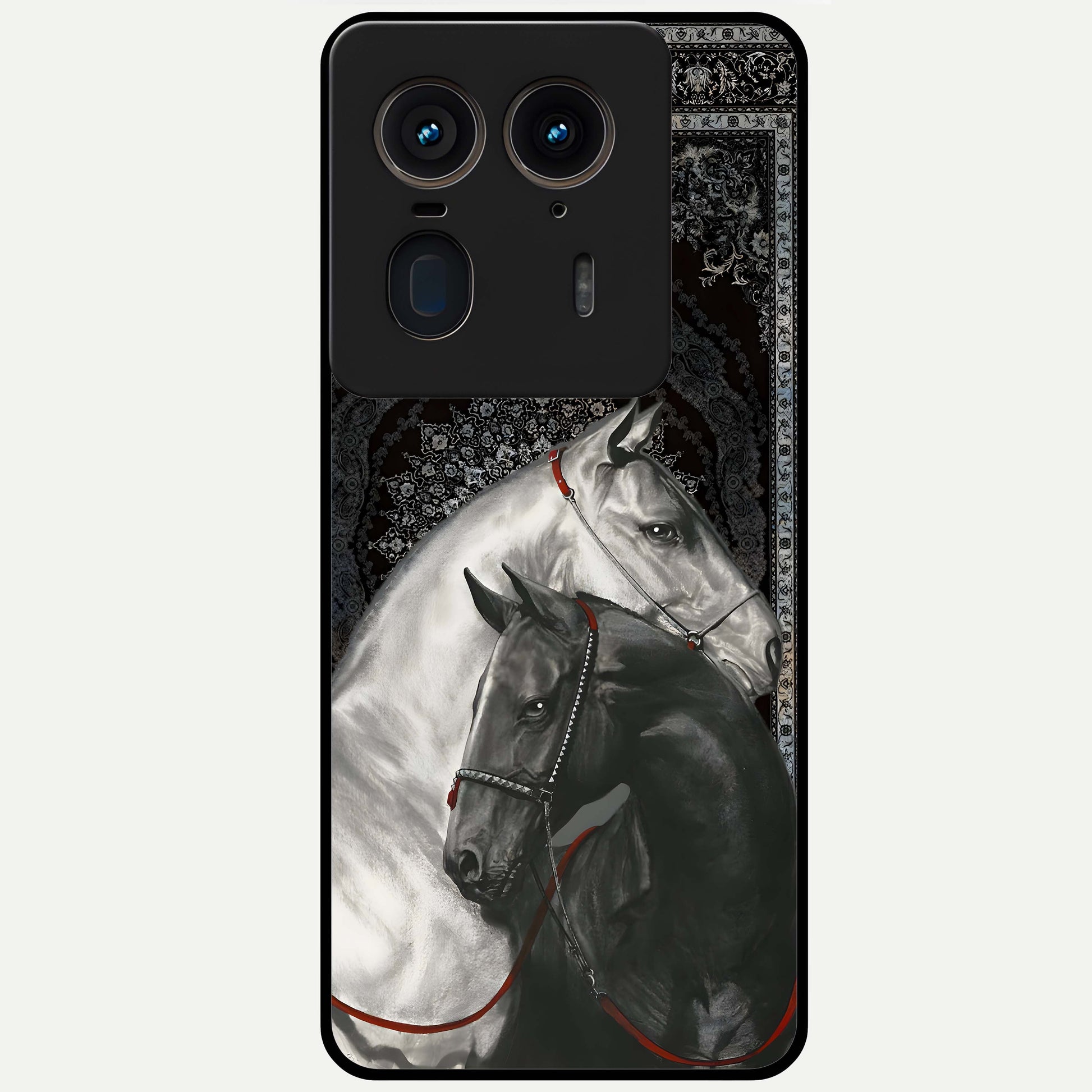 Majestic Ride Legacy Glass Case showing flat back view with powerful automotive inspired artwork and glossy glass finish.