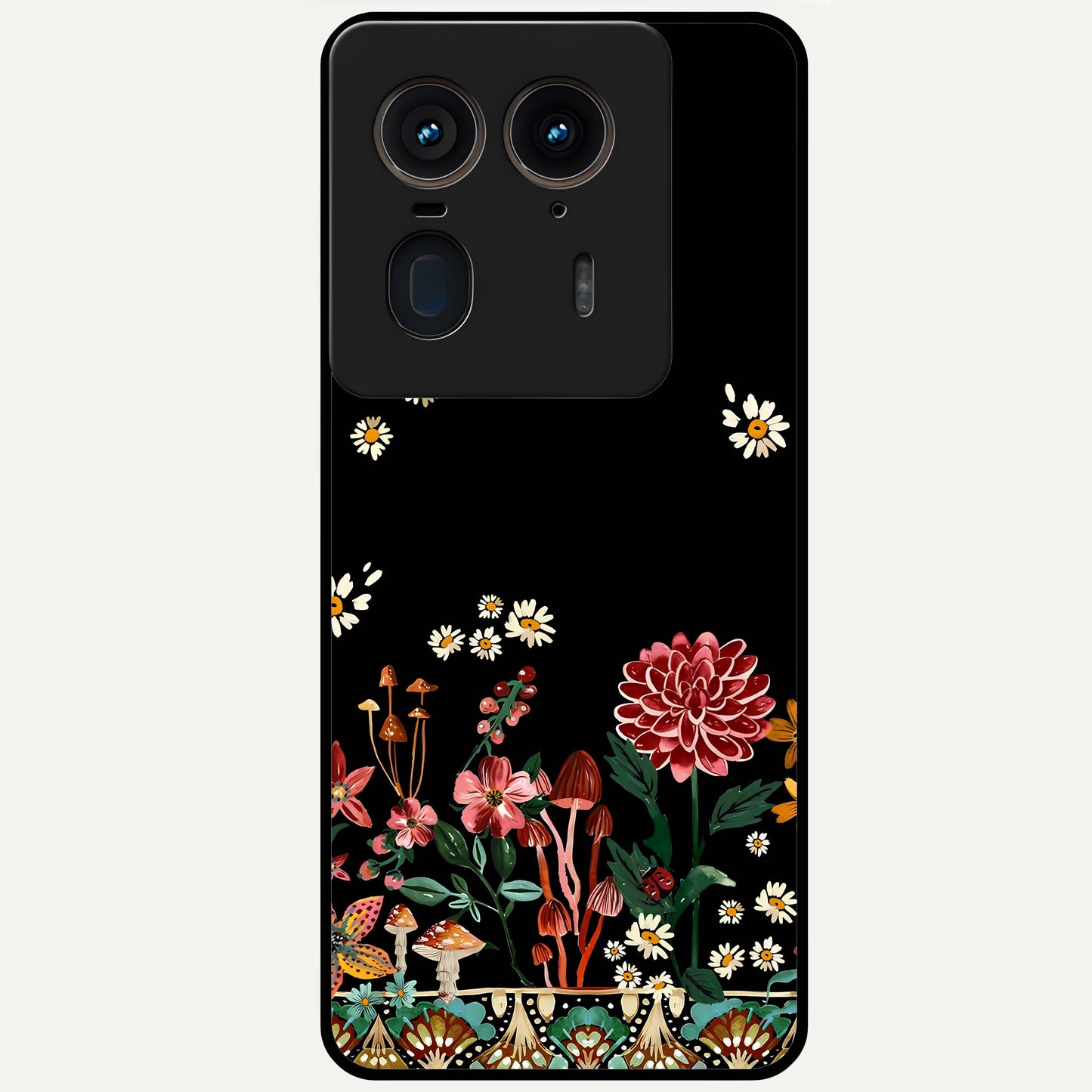 Midnight Bloom Pattern Glass Case showing flat back view with dark floral pattern artwork and glossy glass finish.