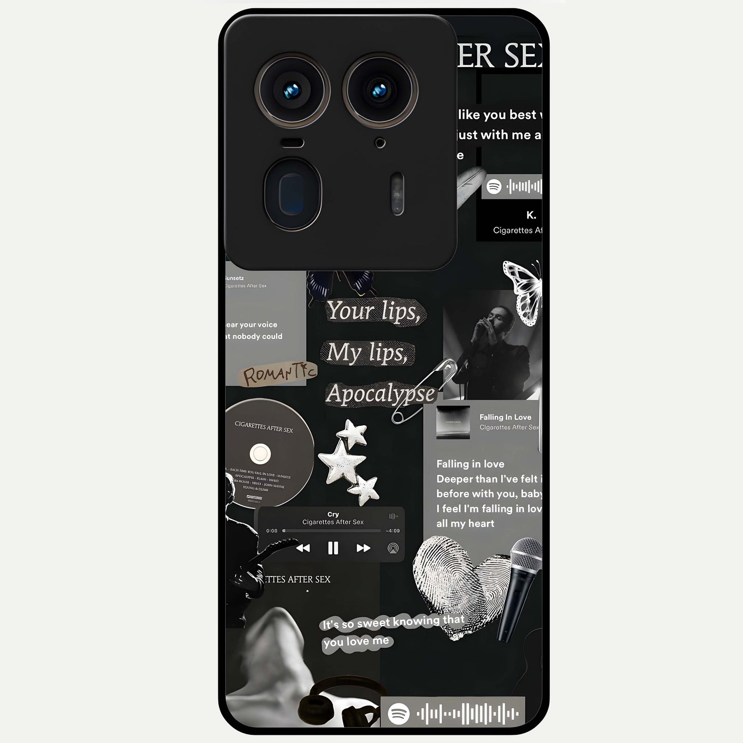 Midnight Love Echo Glass Case showing flat back view with romantic midnight themed artwork and glossy glass finish.