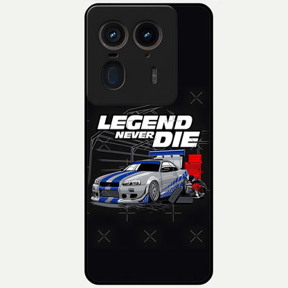 Midnight Racing Legacy Glass Case showing flat back view with sleek racing inspired artwork and glossy glass finish.