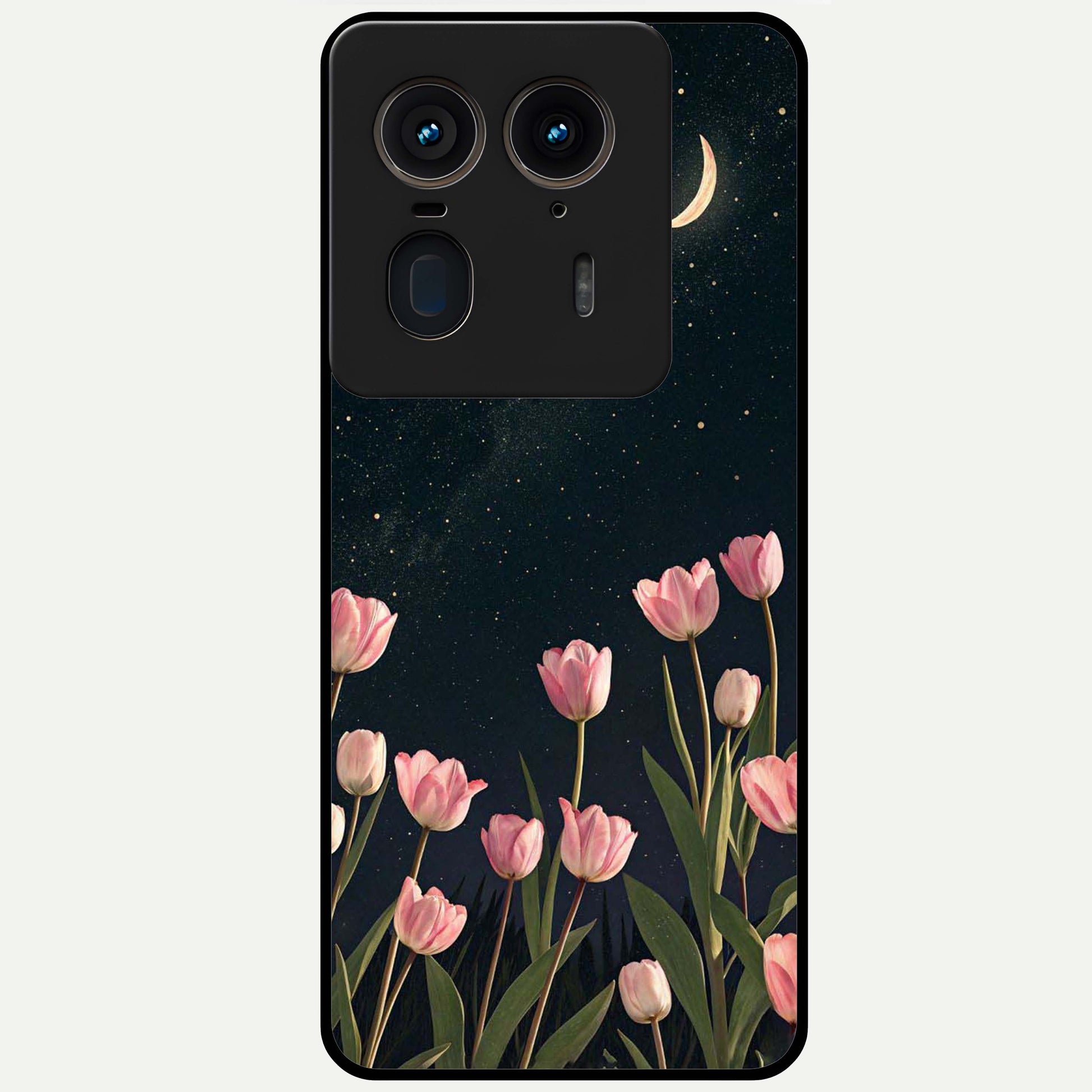 Midnight Tulip Whispers Vibe Glass Case showing flat back view with elegant tulip flower artwork and glossy glass finish.
