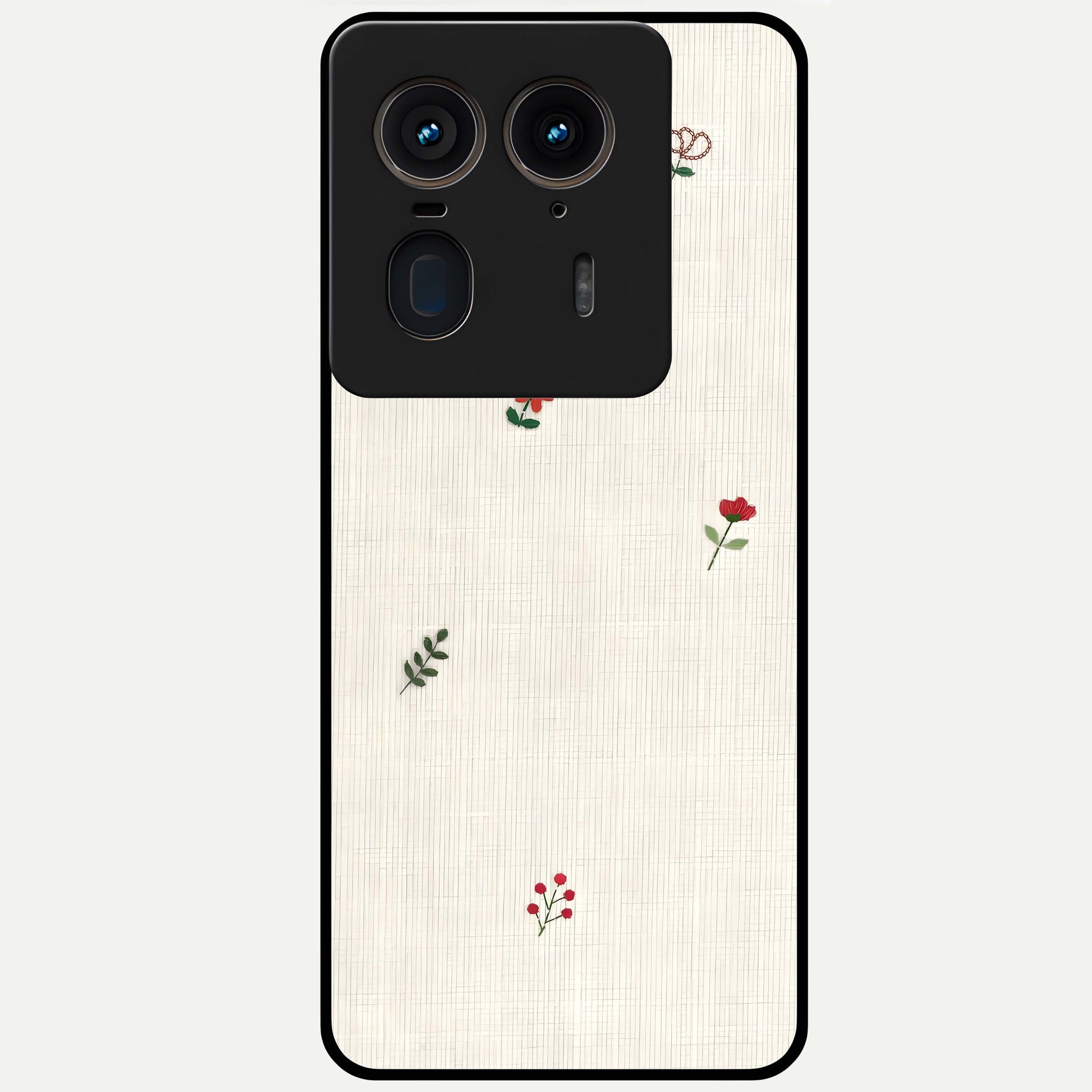 Minimal Petal Whispers Glass Case showing flat back view with soft minimal floral artwork and glossy glass finish.