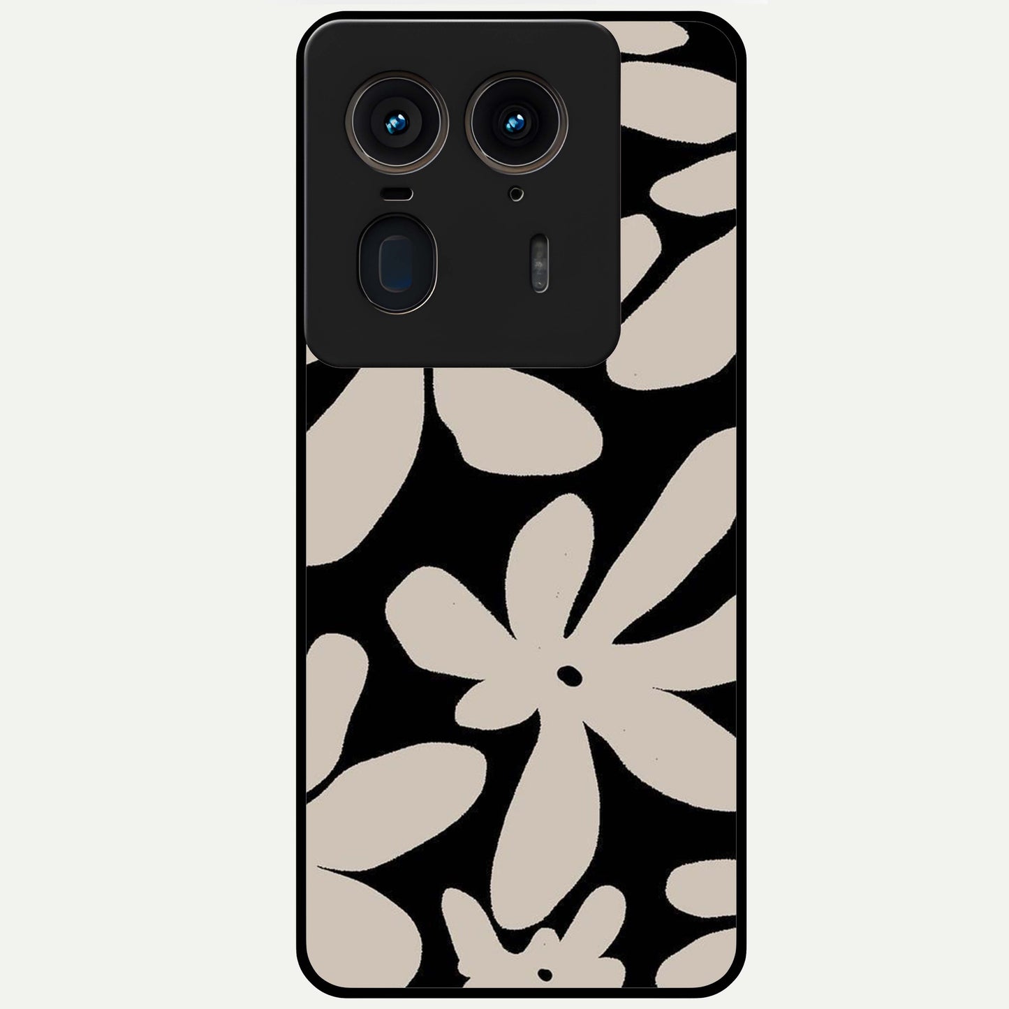 Monochrome Petal Dance Glass Case showing flat back view with monochrome floral artwork and glossy glass finish.