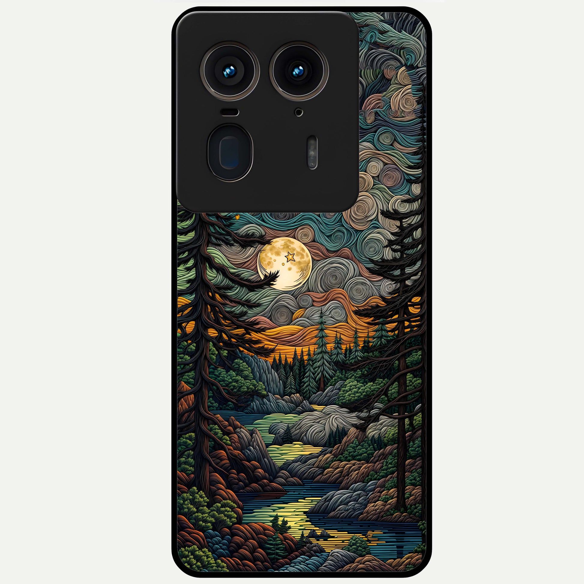 Moonlight Forest Dream Glass Case showing flat back view with mystical forest moonlight artwork and glossy glass finish.