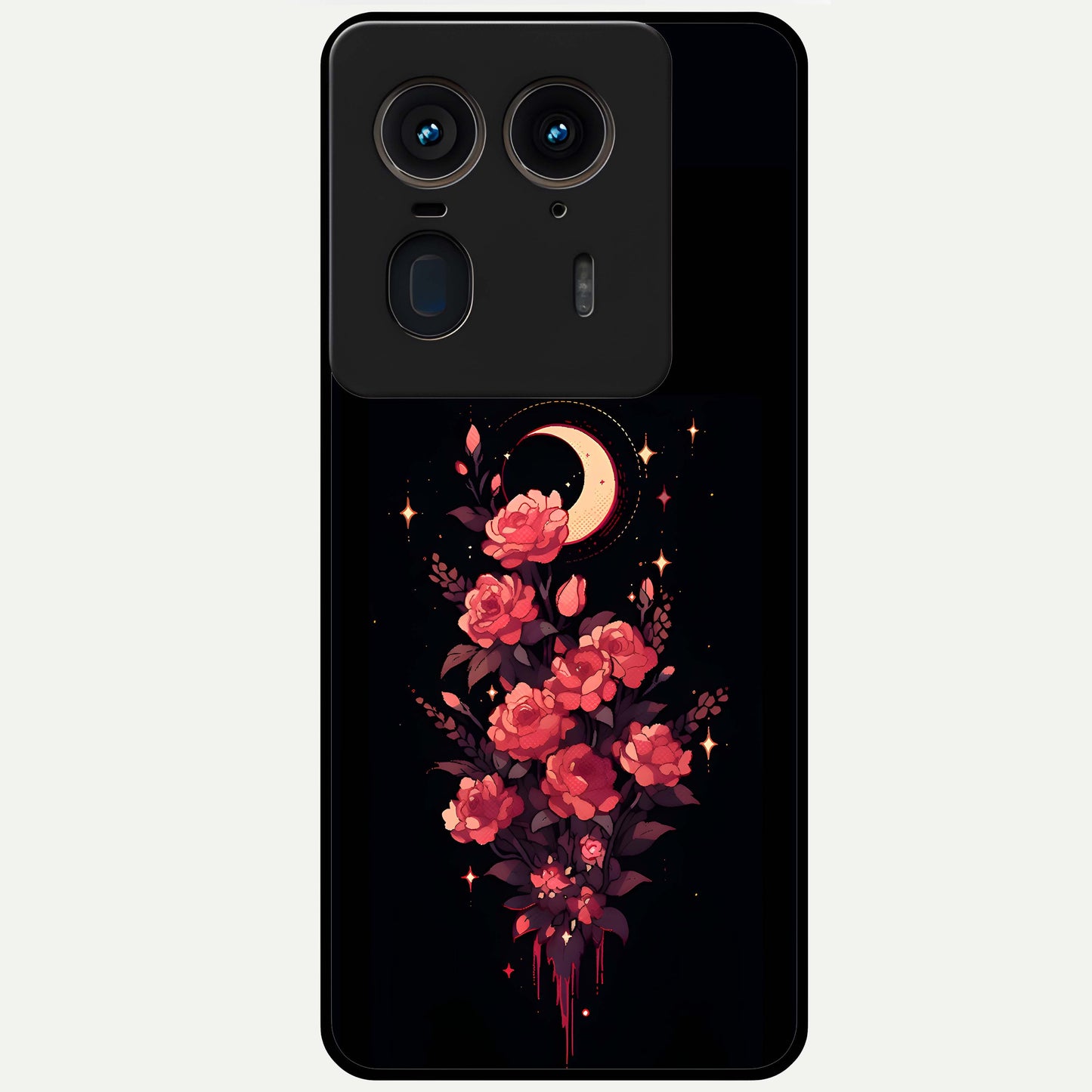 Moonlit Floral Elegance Glass Case showing flat back view with elegant floral artwork under moonlit tones and glossy glass finish.
