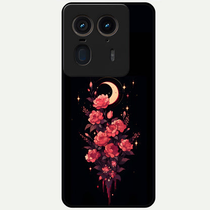 Moonlit Floral Elegance Glass Case showing flat back view with elegant floral artwork under moonlit tones and glossy glass finish.