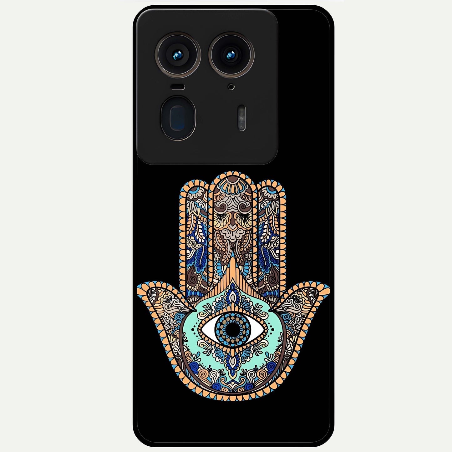 Mystic Hamsa Eye Glass Case showing flat back view with protective hamsa hand and evil eye artwork and glossy glass finish.