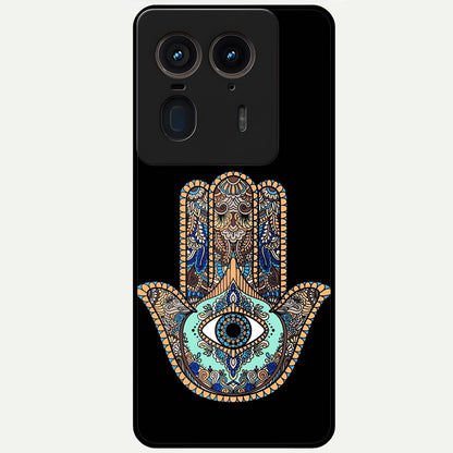 Mystic Hamsa Eye Glass Case showing flat back view with protective hamsa hand and evil eye artwork and glossy glass finish.