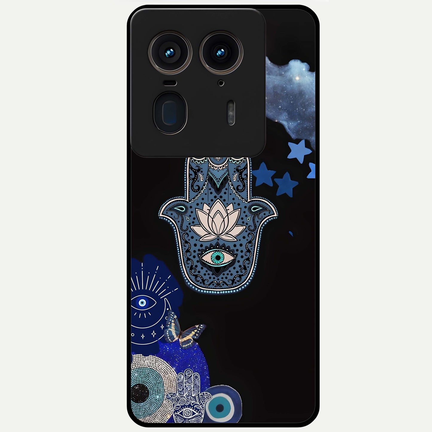 Mystic Hand Aura Glass Case showing flat back view with mystical hand symbol artwork and glossy glass finish.