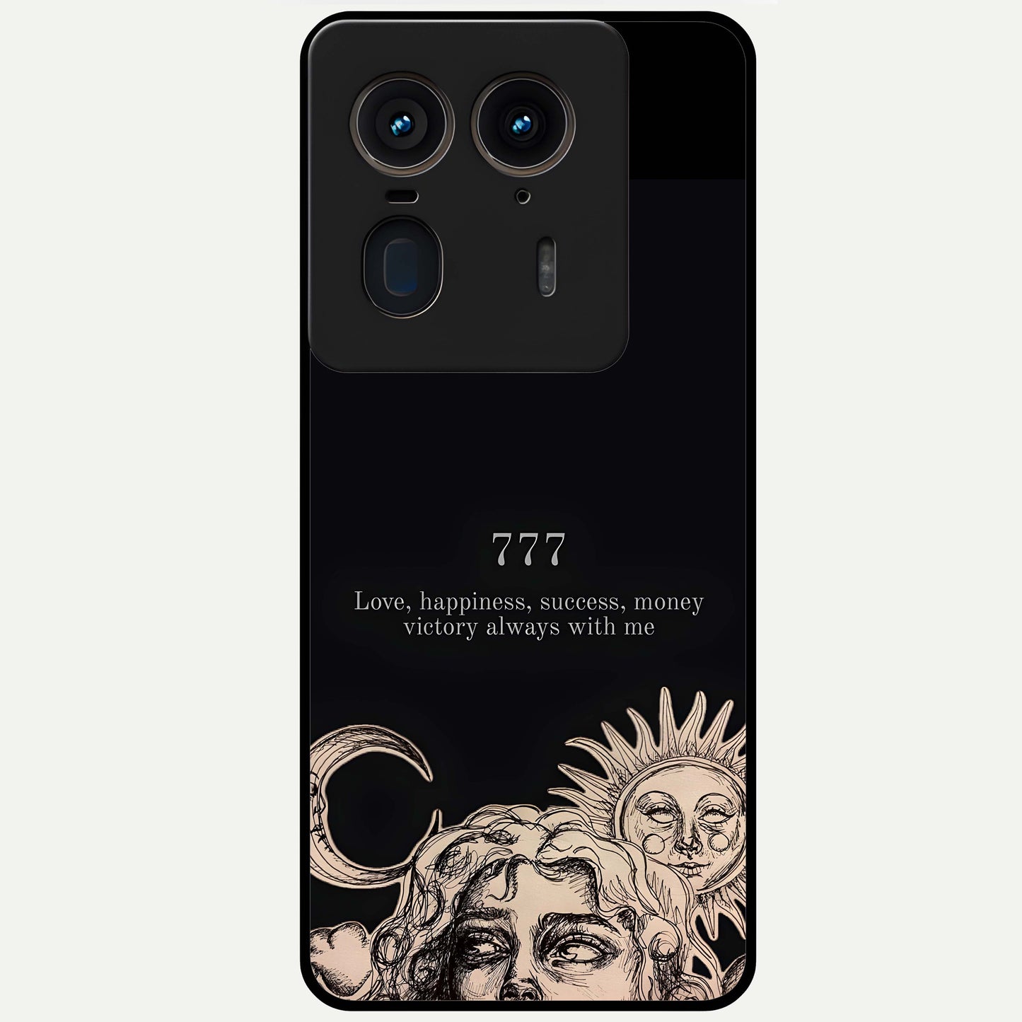 Mystic Victory Aura Glass Case showing flat back view with victory symbol artwork and glossy glass finish.