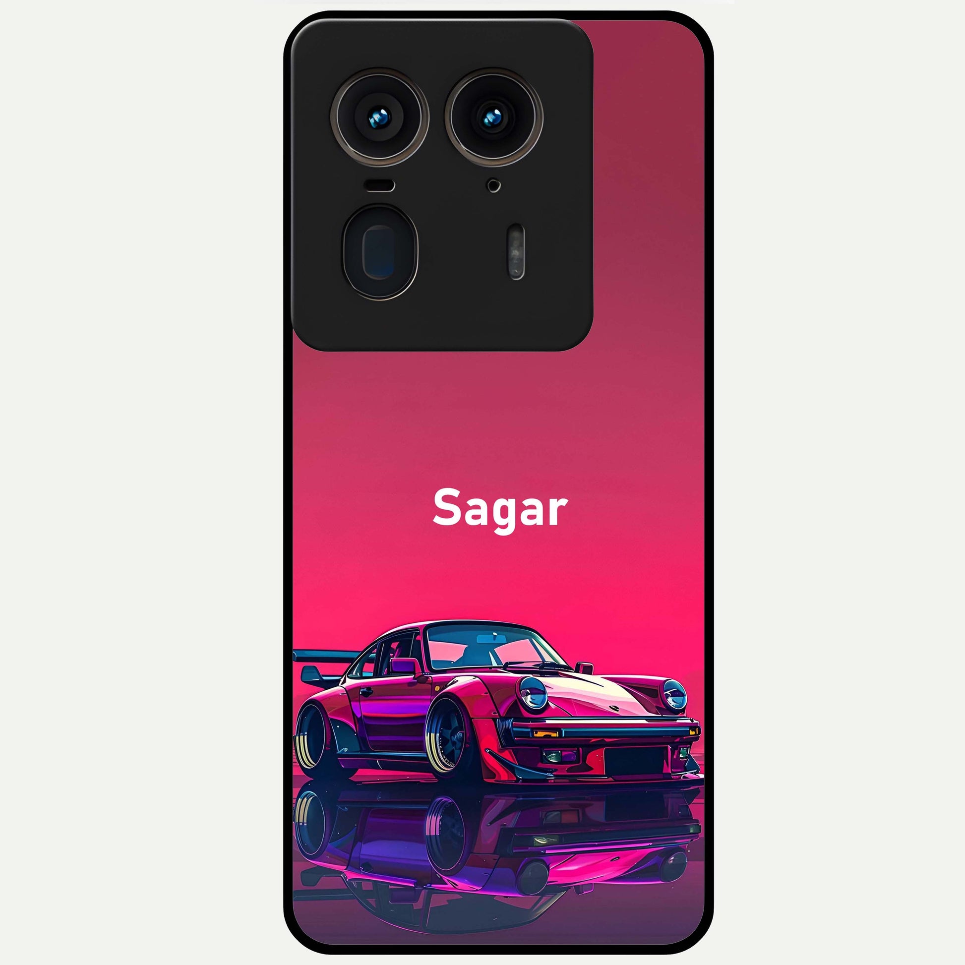 Neon Pink Porsche Glass Case showing flat back view with stylish sports car artwork and glossy glass finish.
