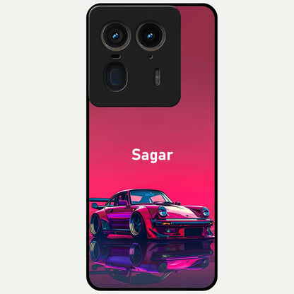 Neon Pink Porsche Glass Case showing flat back view with stylish sports car artwork and glossy glass finish.