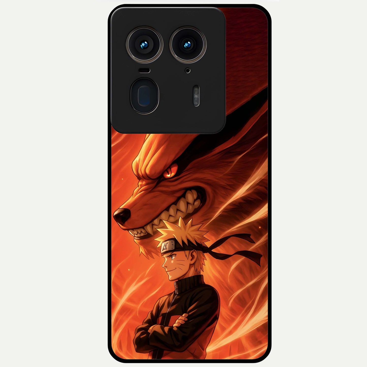 Nine Tails Legacy Glass Case showing flat back view with powerful nine-tailed fox inspired artwork and glossy glass finish.