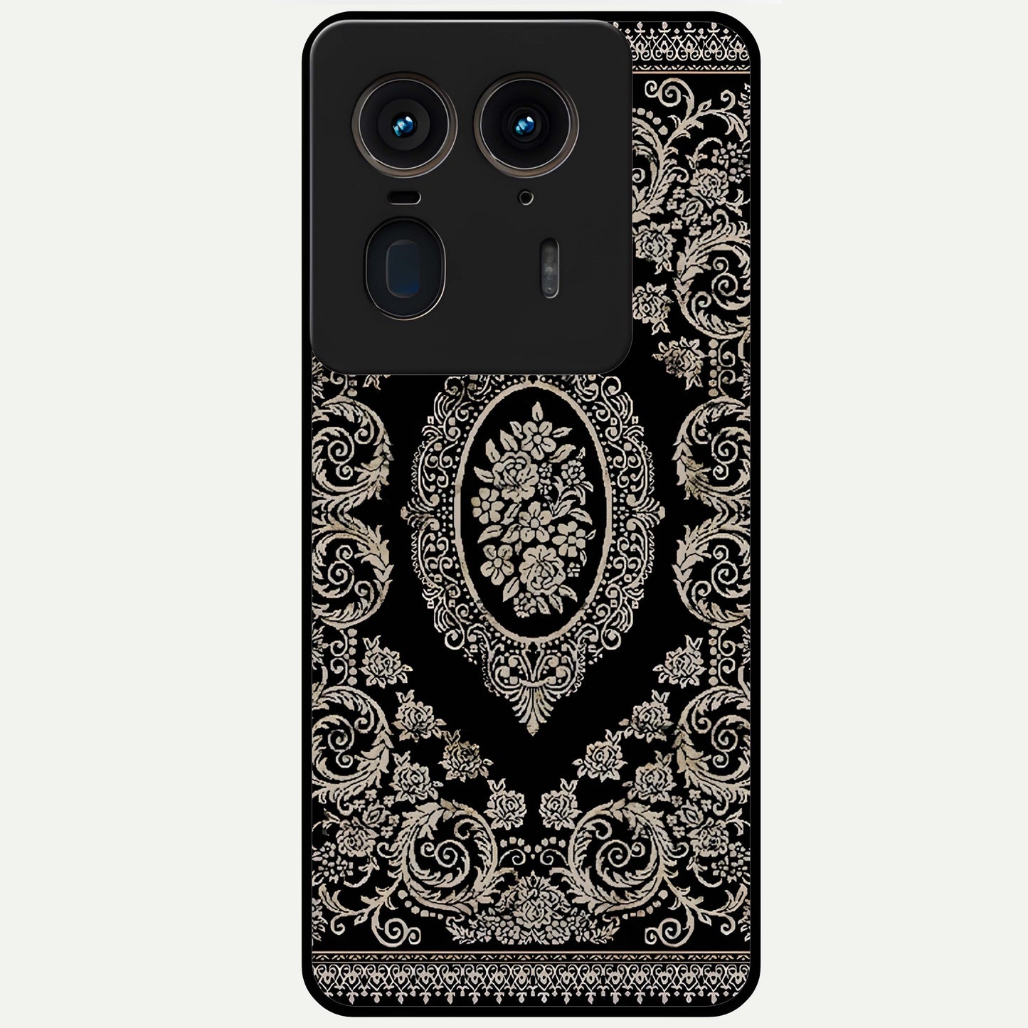 Noir Bloom Elegance Glass Case showing flat back view with elegant dark floral artwork and glossy glass finish.