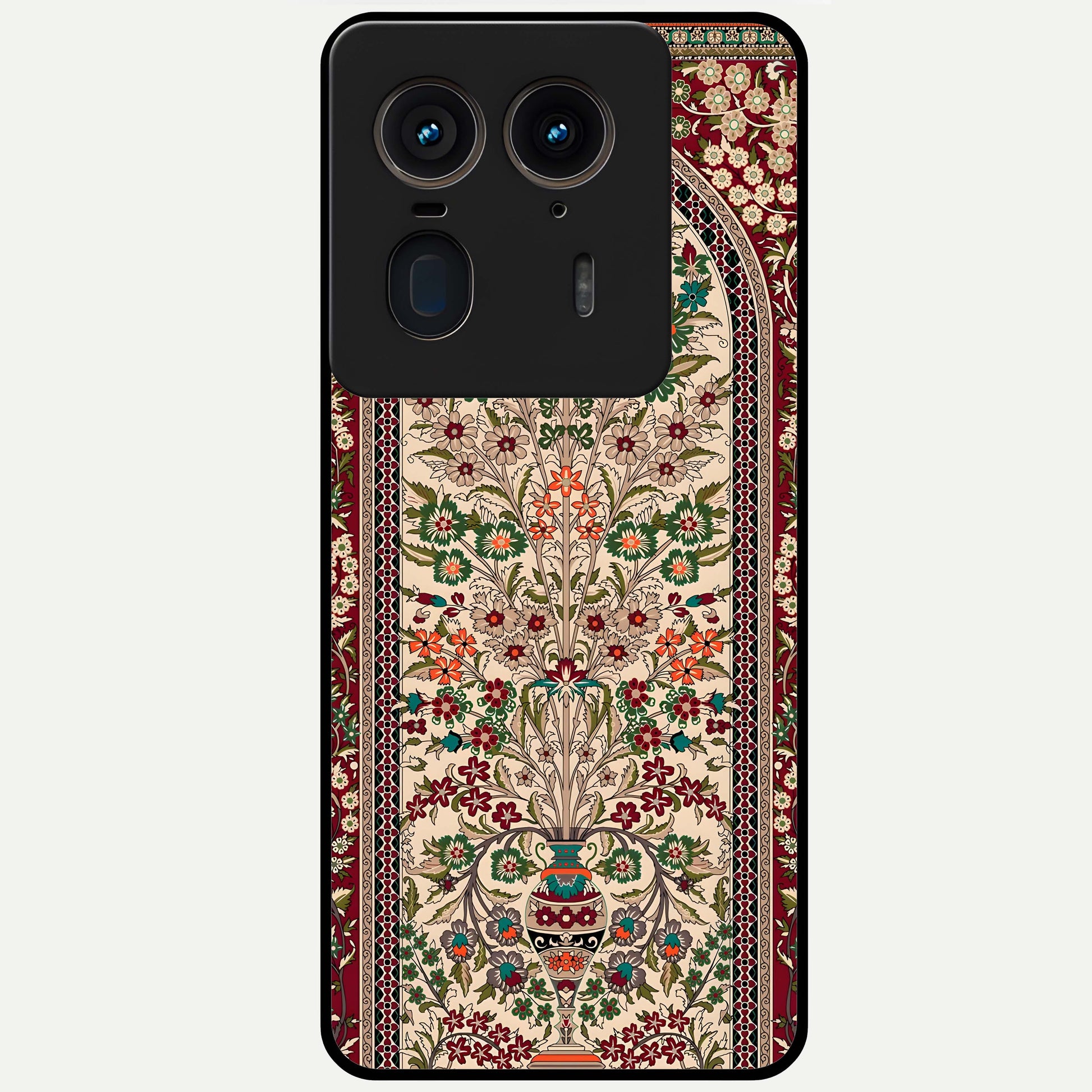 Persian Inspired Glass Case showing flat back view with ornate Persian style pattern artwork and glossy glass finish.