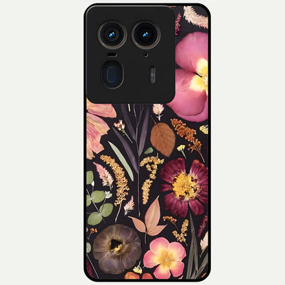 Petal Dream Tapestry Glass Case showing flat back view with intricate floral tapestry artwork and glossy glass finish.