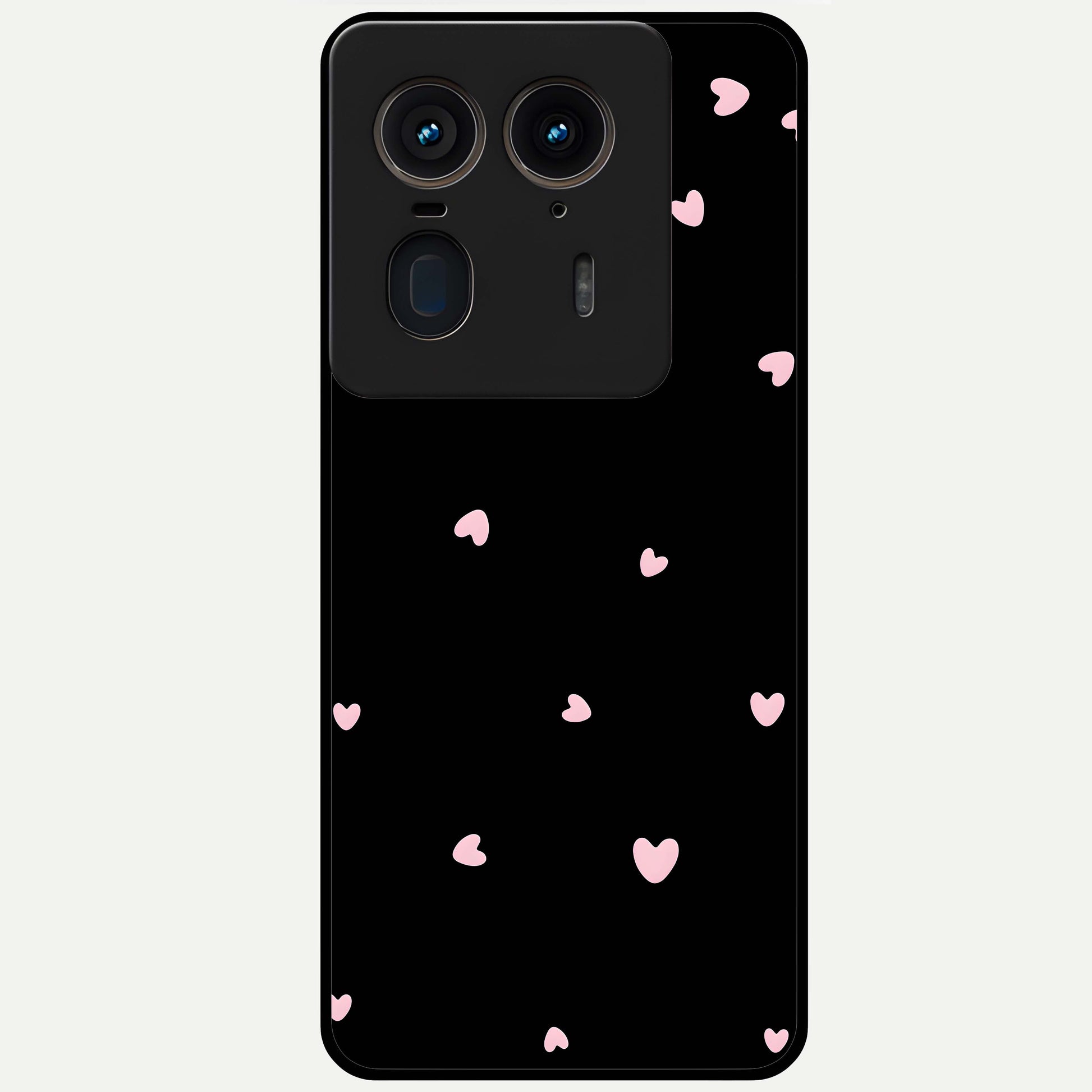 Pink Love Drops Glass Case showing flat back view with playful pink heart drops artwork and glossy glass finish.