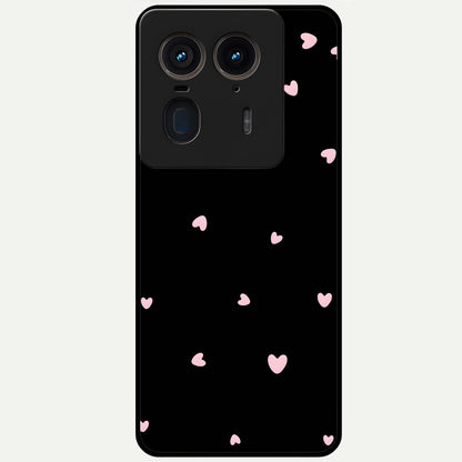 Pink Love Drops Glass Case showing flat back view with playful pink heart drops artwork and glossy glass finish.