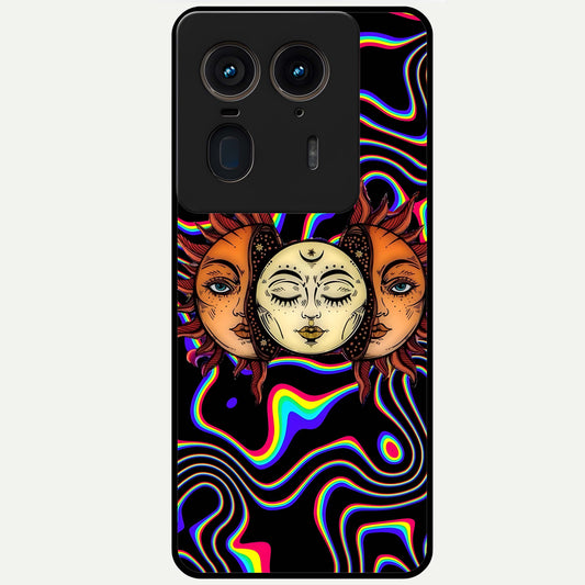 Psychedelic Sun Glass Case showing flat back view with colorful psychedelic sun artwork and glossy glass finish.
