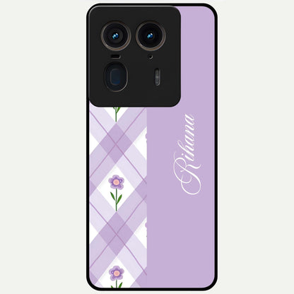 Purple Diamond Floral Glass Case showing flat back view with diamond shaped floral artwork and glossy glass finish.
