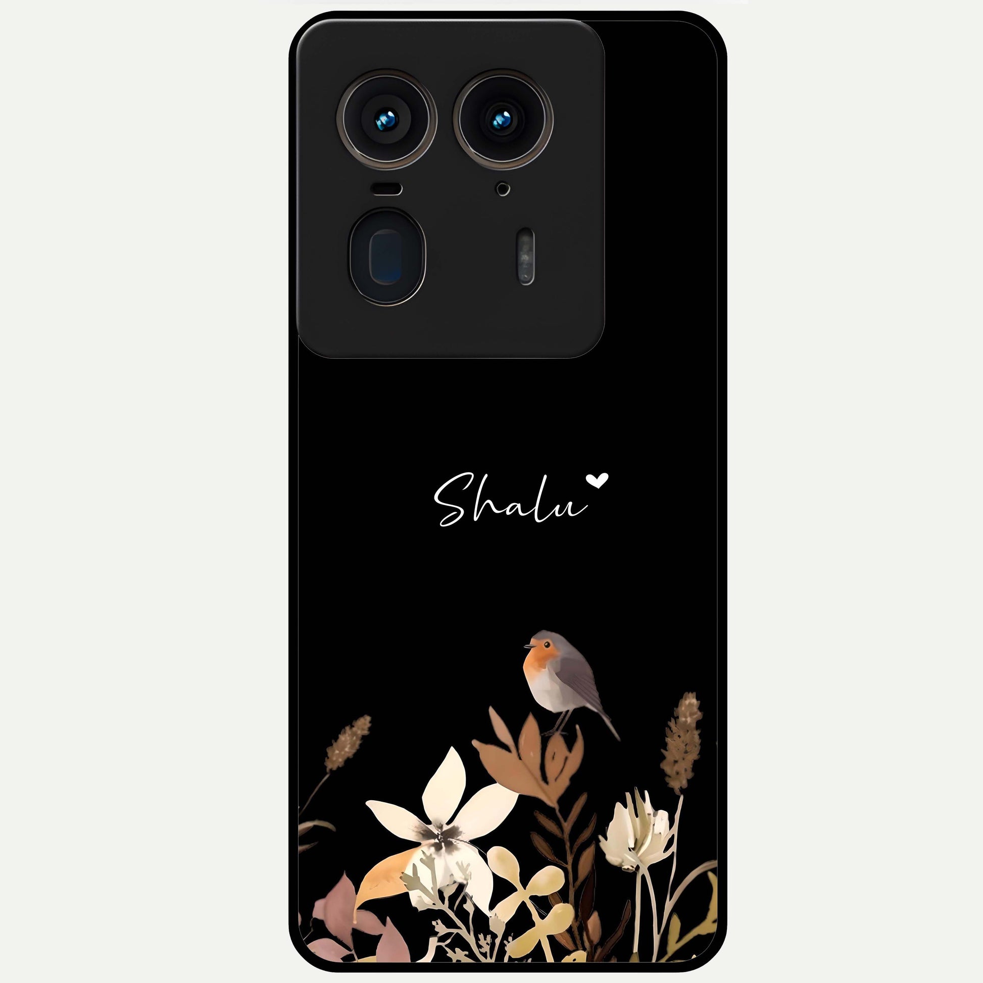 Quiet Garden Tune Custom Name Glass Case showing flat back view with peaceful garden artwork and personalized name design.