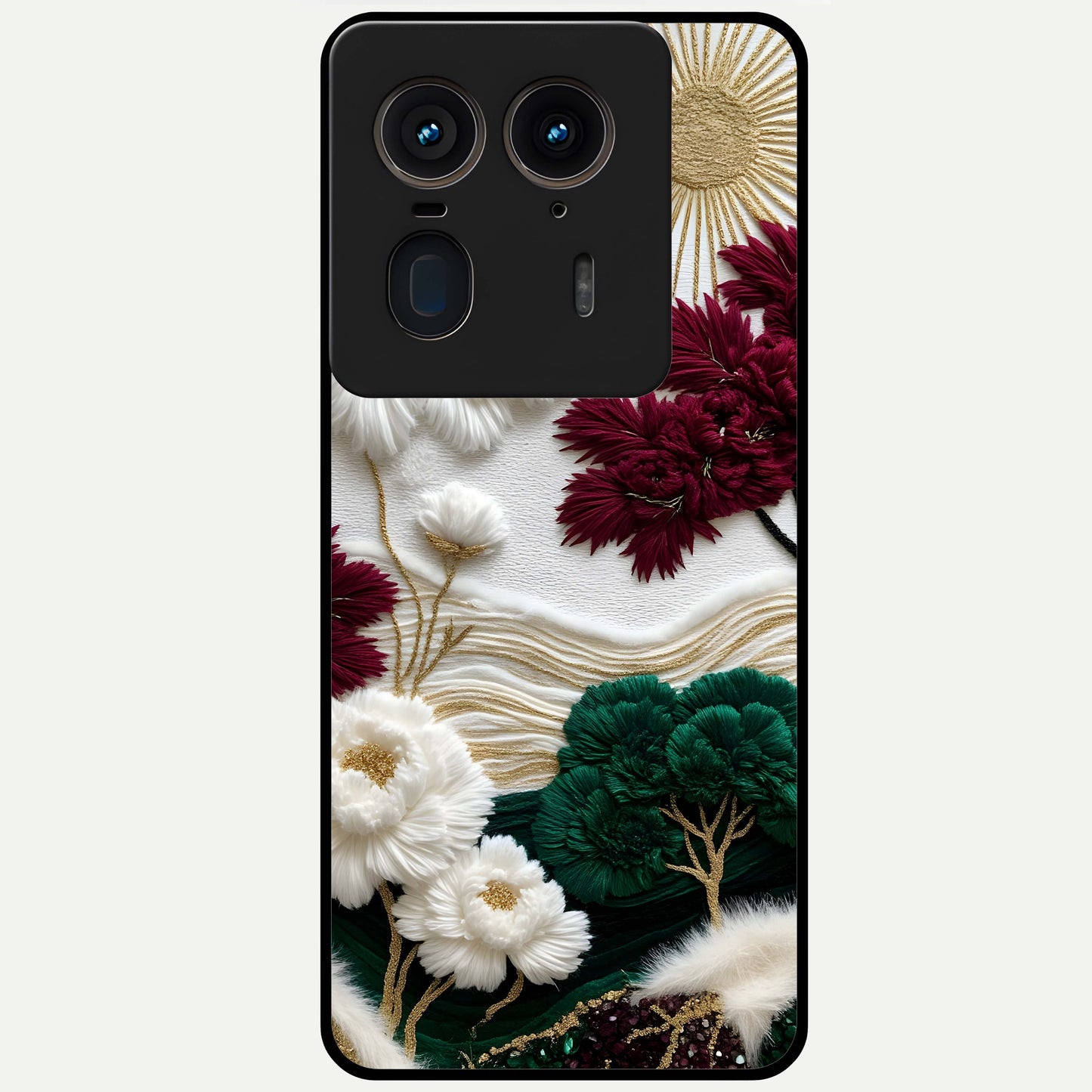 Radiant Bloom Elegance Glass Case showing flat back view with elegant blooming flower artwork and glossy glass finish.