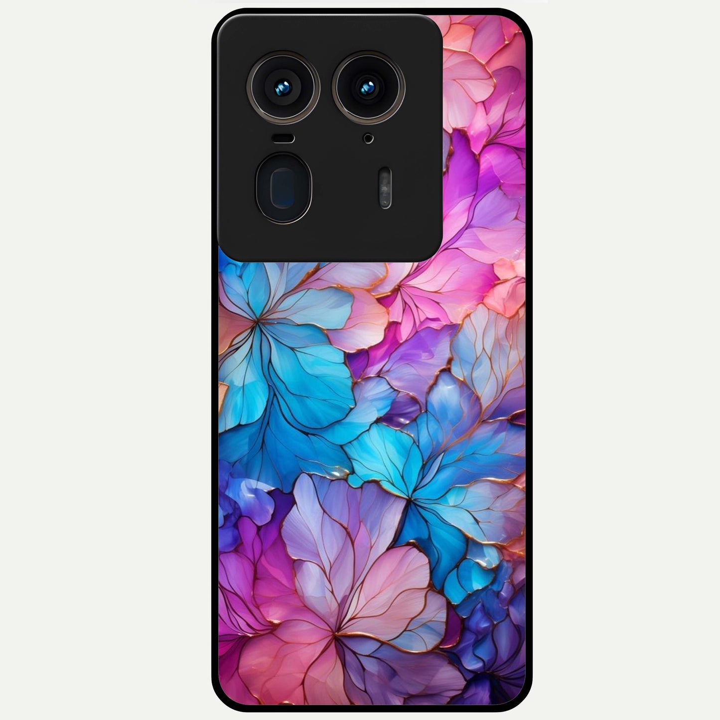 Radiant Floral Whirl Glass Case showing flat back view with swirling floral artwork and glossy glass finish.