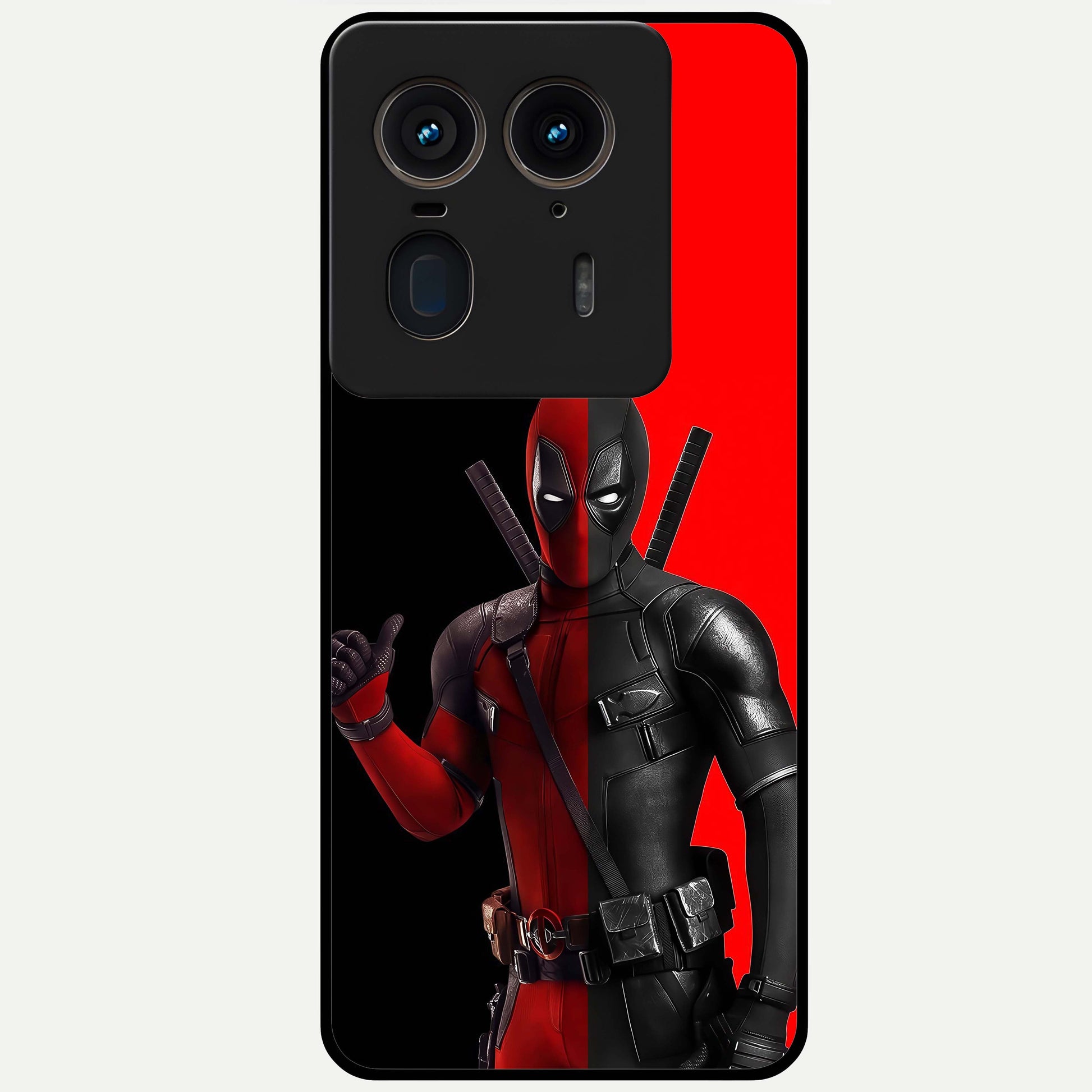 Red & Black Deadpool Theme Glass Case showing flat back view with bold comic inspired artwork and glossy glass finish.