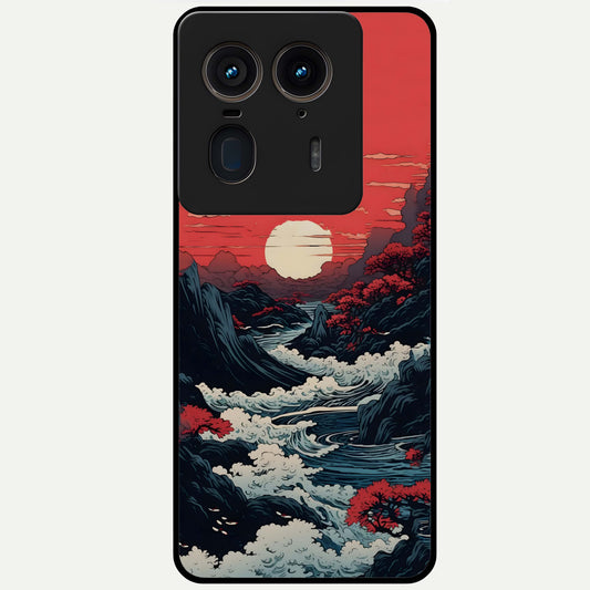 Red Sunset Scenery Glass Case showing flat back view with vibrant sunset landscape artwork and glossy glass finish.