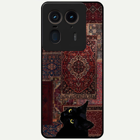 Regal Magic Cat Apple Glass Case showing flat back view with magical cat artwork holding apple and glossy glass finish.