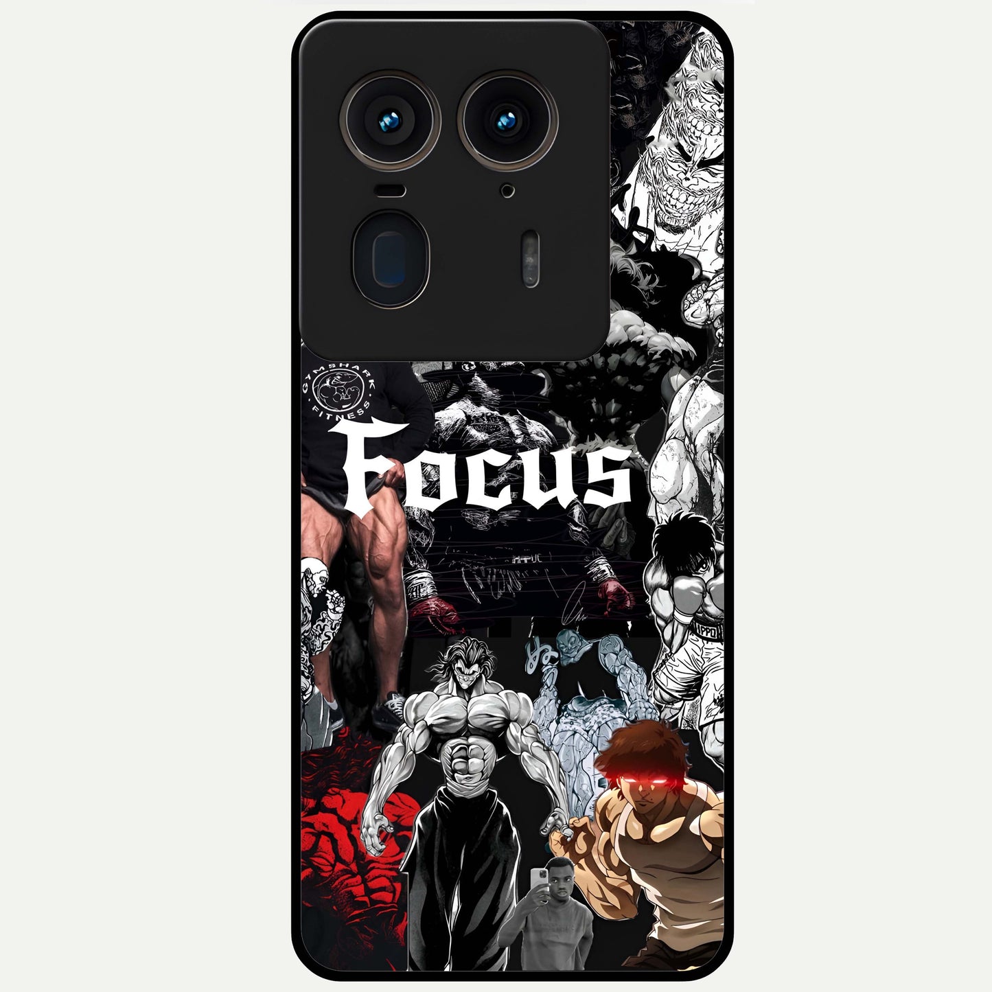 Relentless Power Focus Glass Case showing flat back view with motivational typography artwork and glossy glass finish.