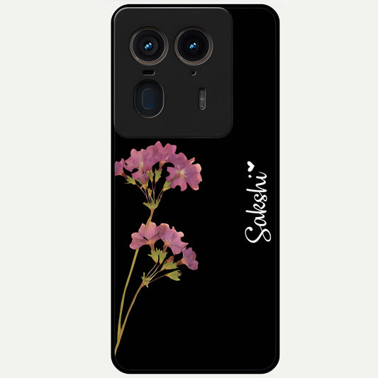 Riching Lavender Flower Custom Name Glass Case showing flat back view with lavender floral artwork and personalized name design.