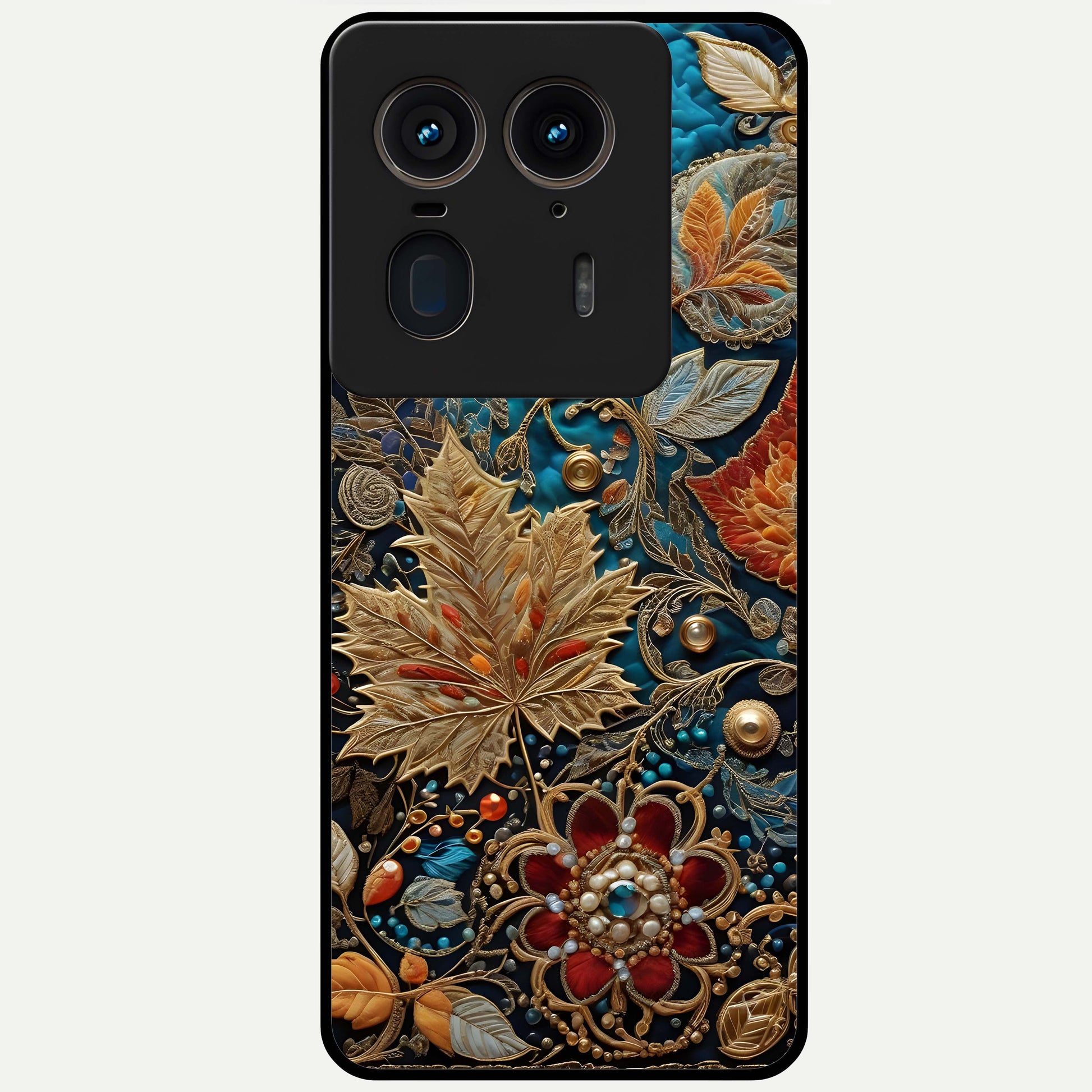 Royal Jewel Garden Glass Case showing flat back view with decorative floral garden artwork and glossy glass finish.
