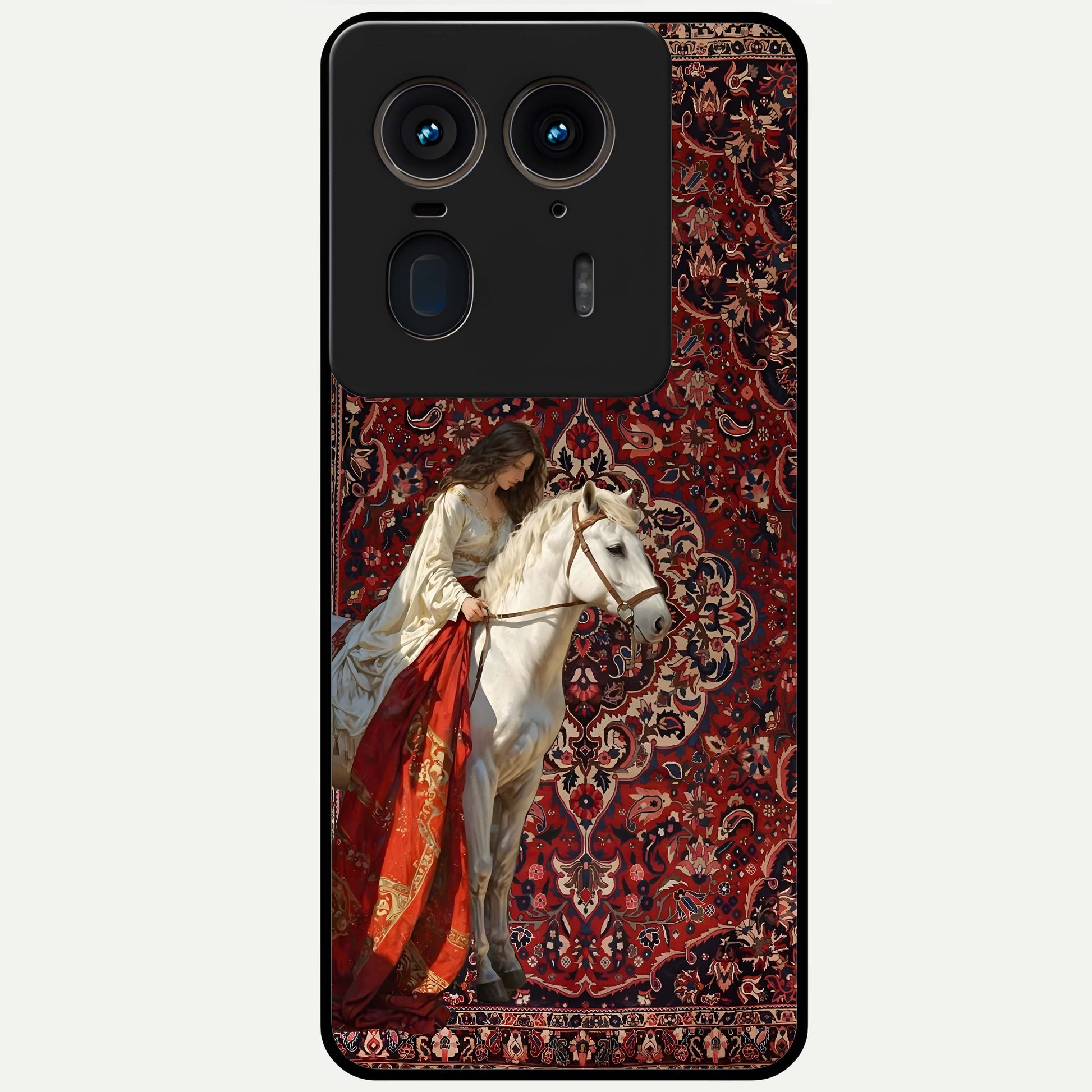 Royal Rider Tapestry Glass Case showing flat back view with majestic horse rider tapestry artwork and glossy glass finish.