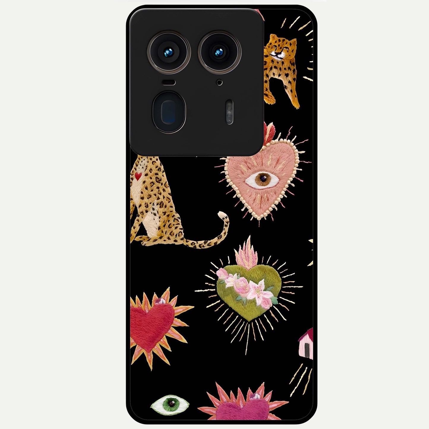 Sacred Jungle Heart Glass Case showing flat back view with jungle inspired heart artwork and glossy glass finish.