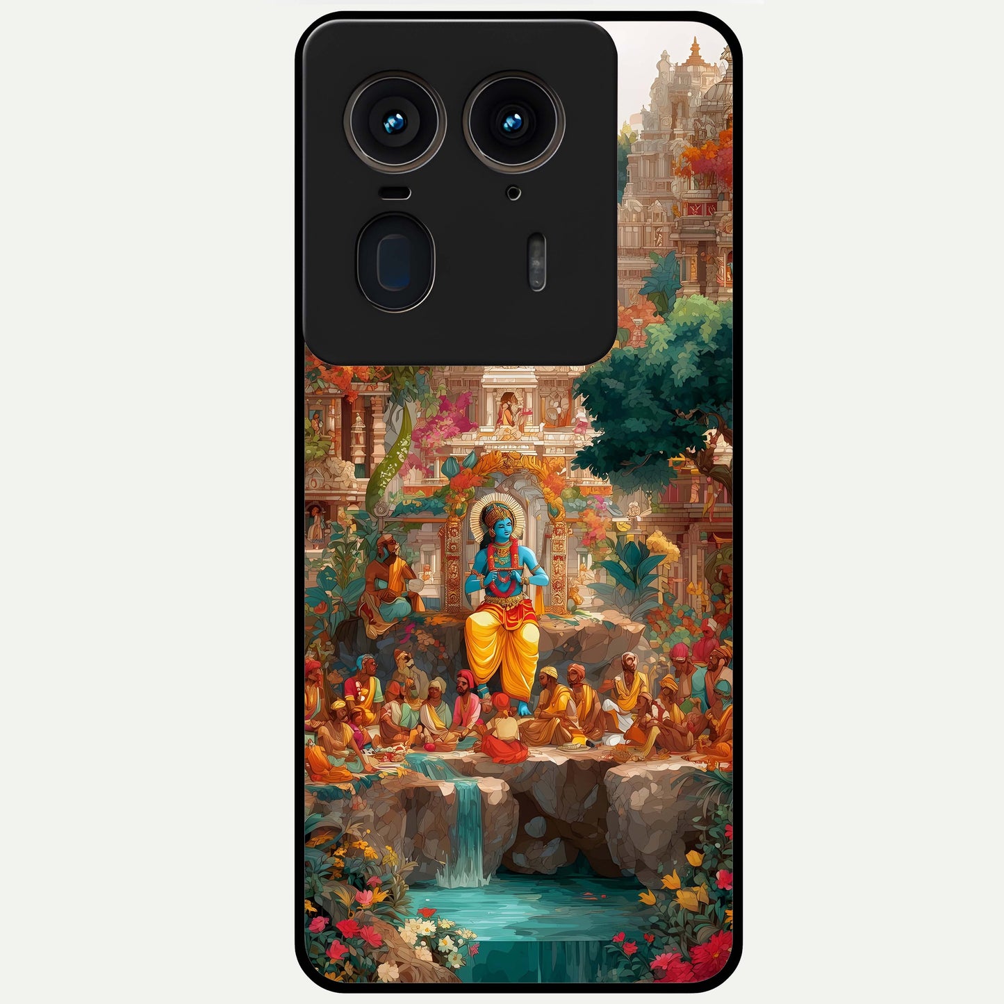 Sacred Sunlight Gods Glass Case showing flat back view with divine sunlight themed artwork and glossy glass finish.
