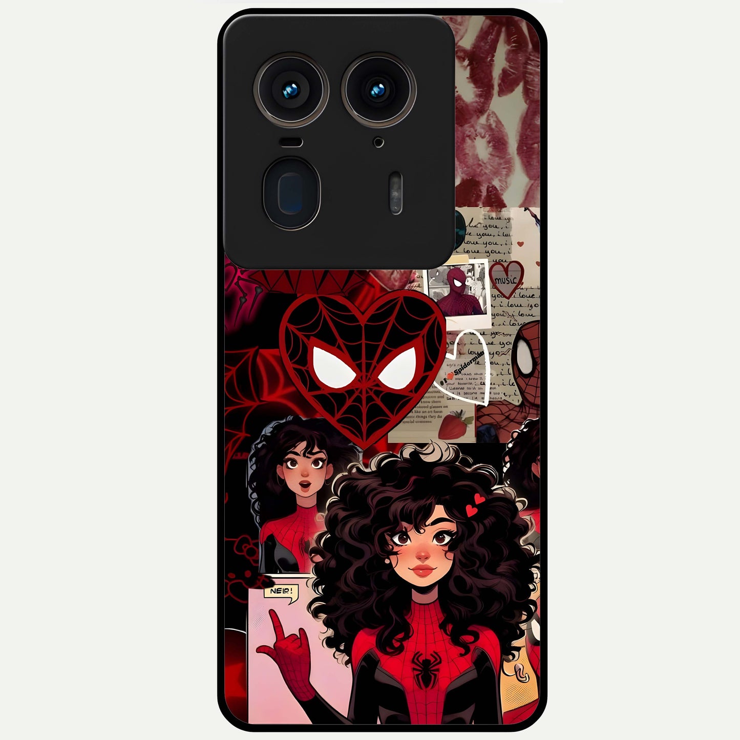 Spider Love Story Glass Case showing flat back view with romantic superhero themed artwork and glossy glass finish.