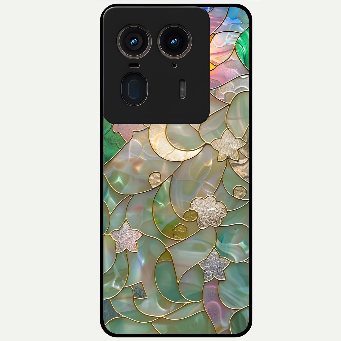 Stained Sunrise Glow Glass Case showing flat back view with glowing sunrise stained pattern artwork and glossy glass finish.