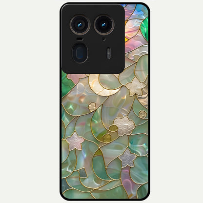Stained Sunrise Glow Glass Case showing flat back view with glowing sunrise stained pattern artwork and glossy glass finish.
