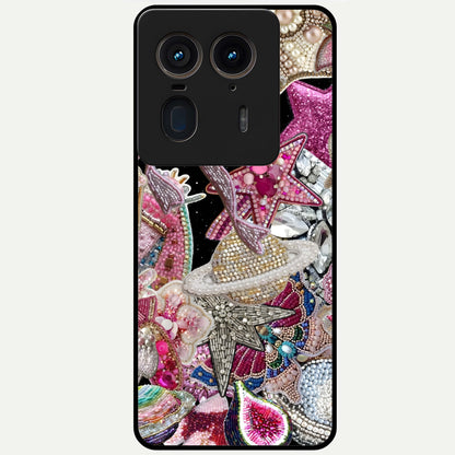 Starlit Jewel Dream Glass Case showing flat back view with sparkling jewel and star themed artwork and glossy glass finish.