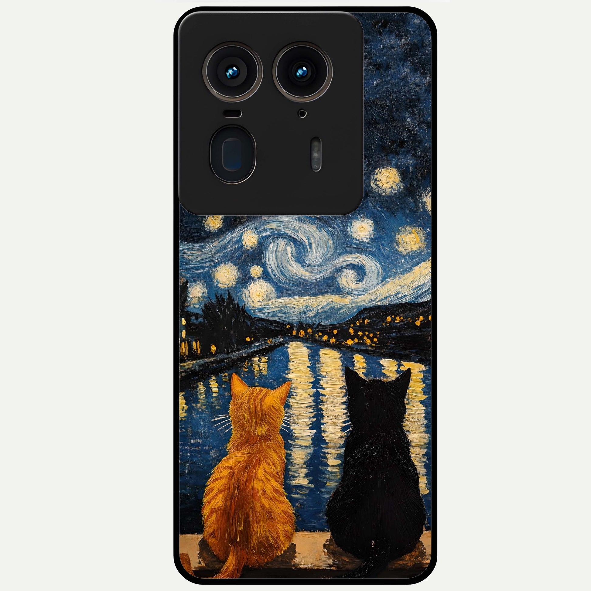 Starry River Cats Glass Case showing flat back view with cats by a starry river artwork and glossy glass finish.