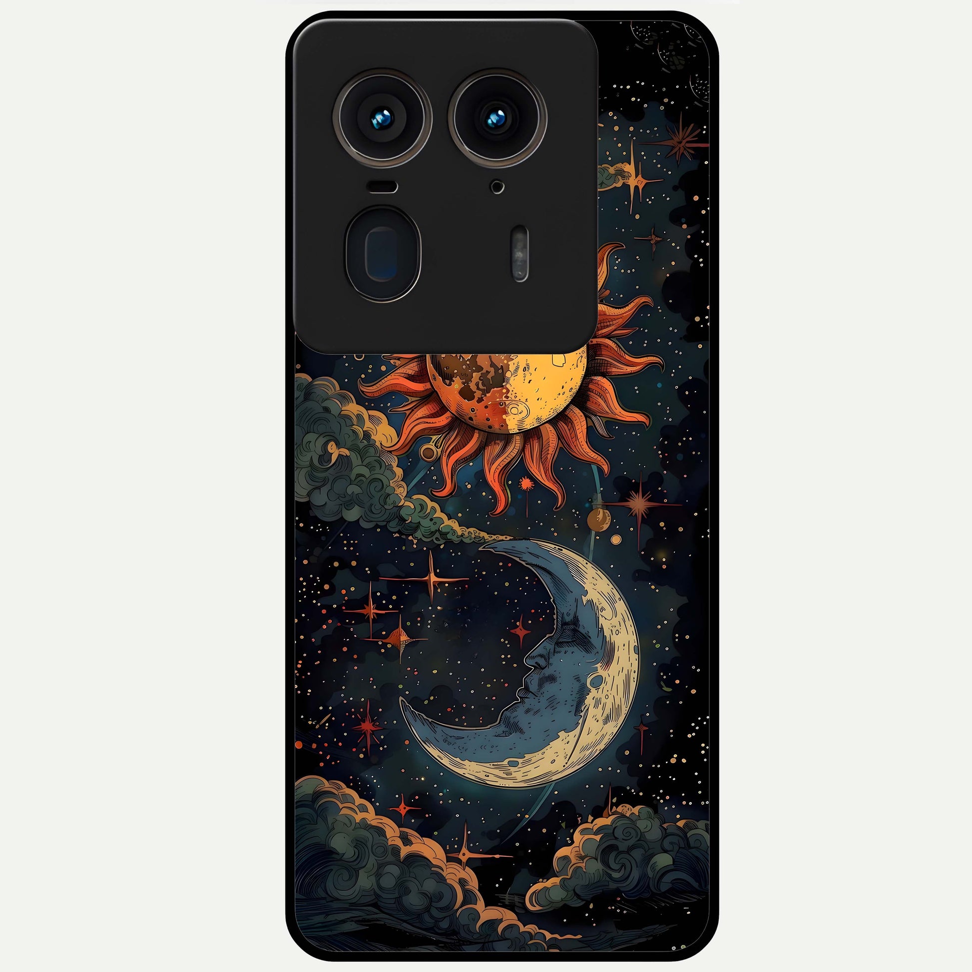 Sun And Moon Magic Design Glass Case showing flat back view with mystical sun and moon artwork and glossy glass finish.