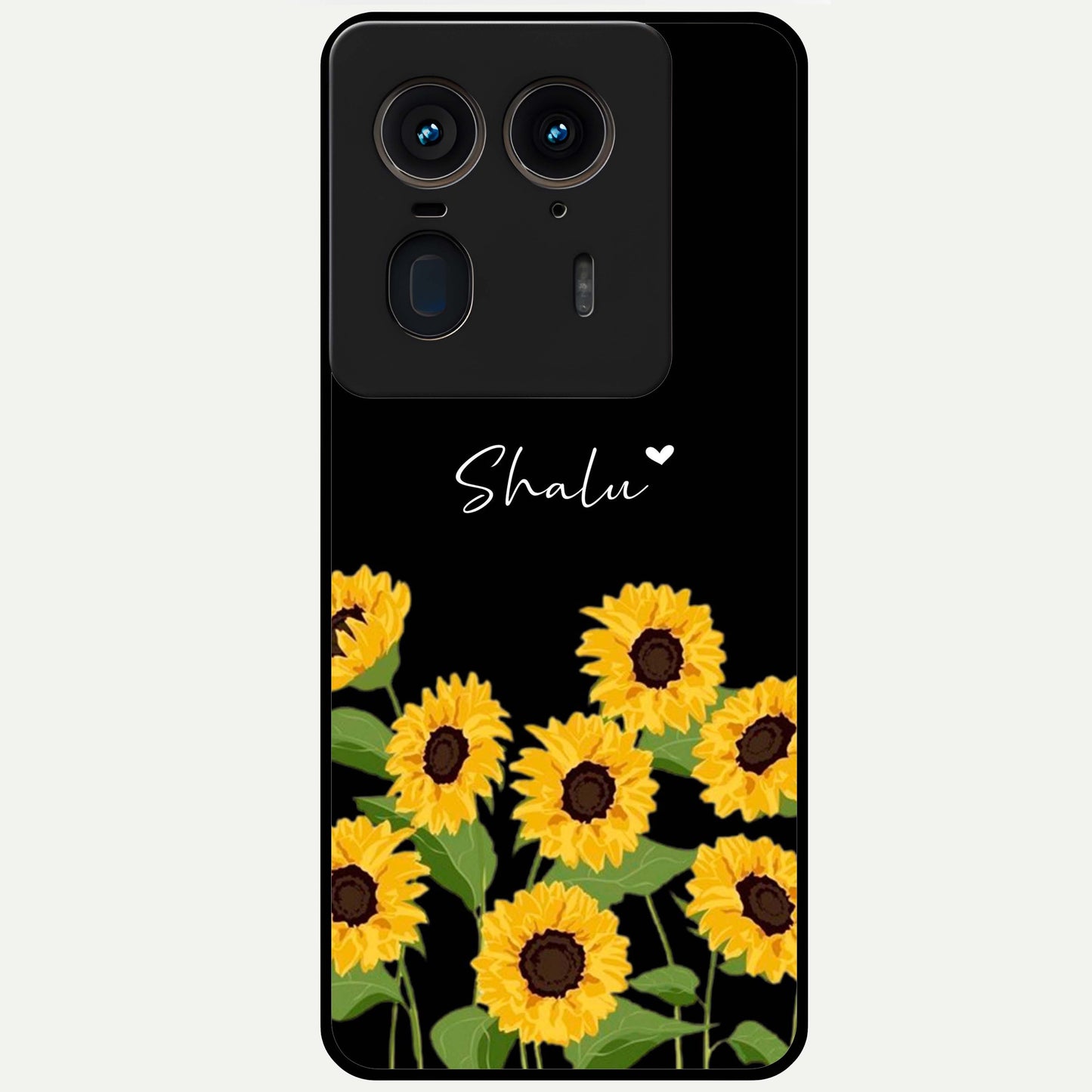 Sunflower Chic Mood Custom Name Glass Case showing flat back view with stylish sunflower artwork and personalized name design.