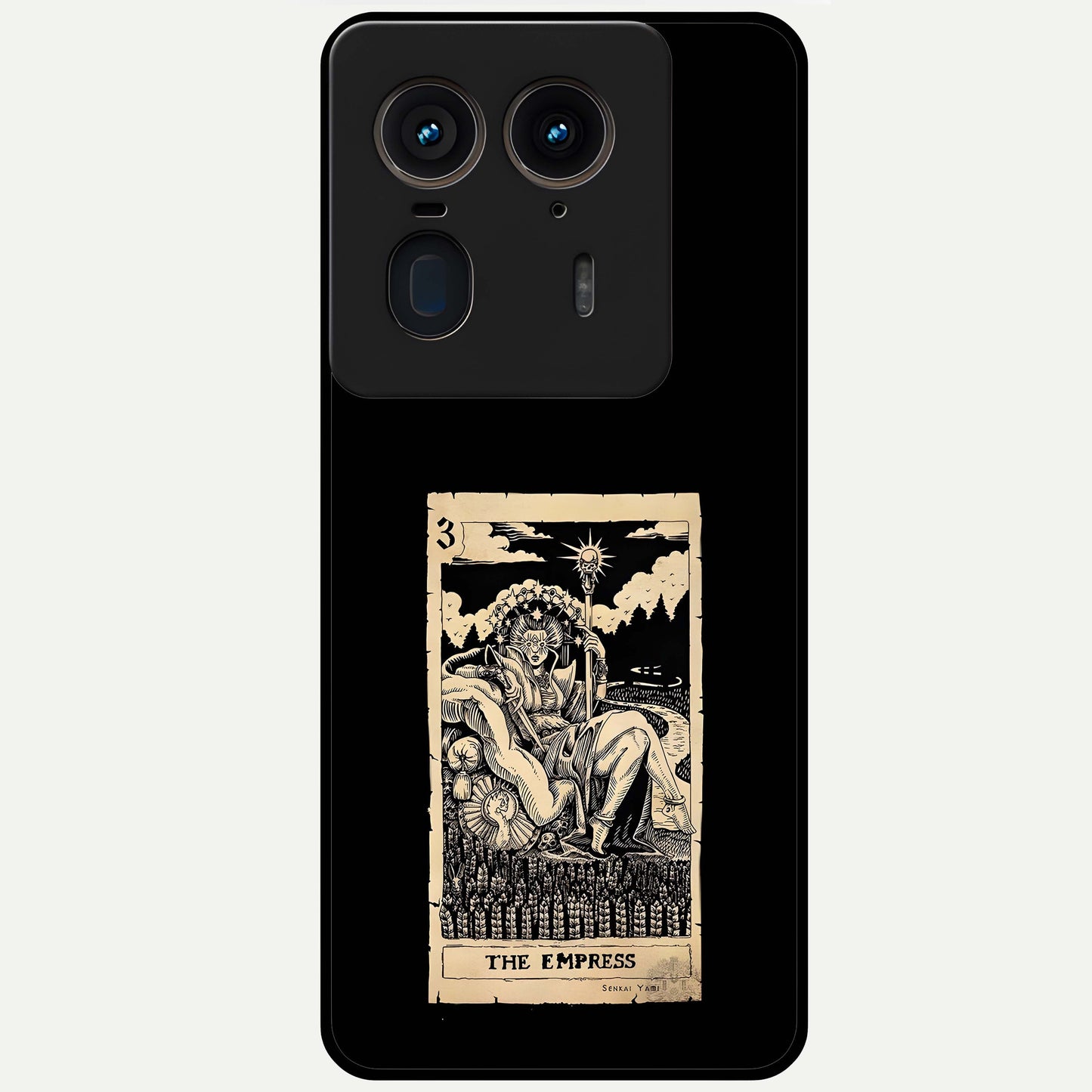 The Empress Glass Case showing flat back view with regal feminine artwork and glossy glass finish.