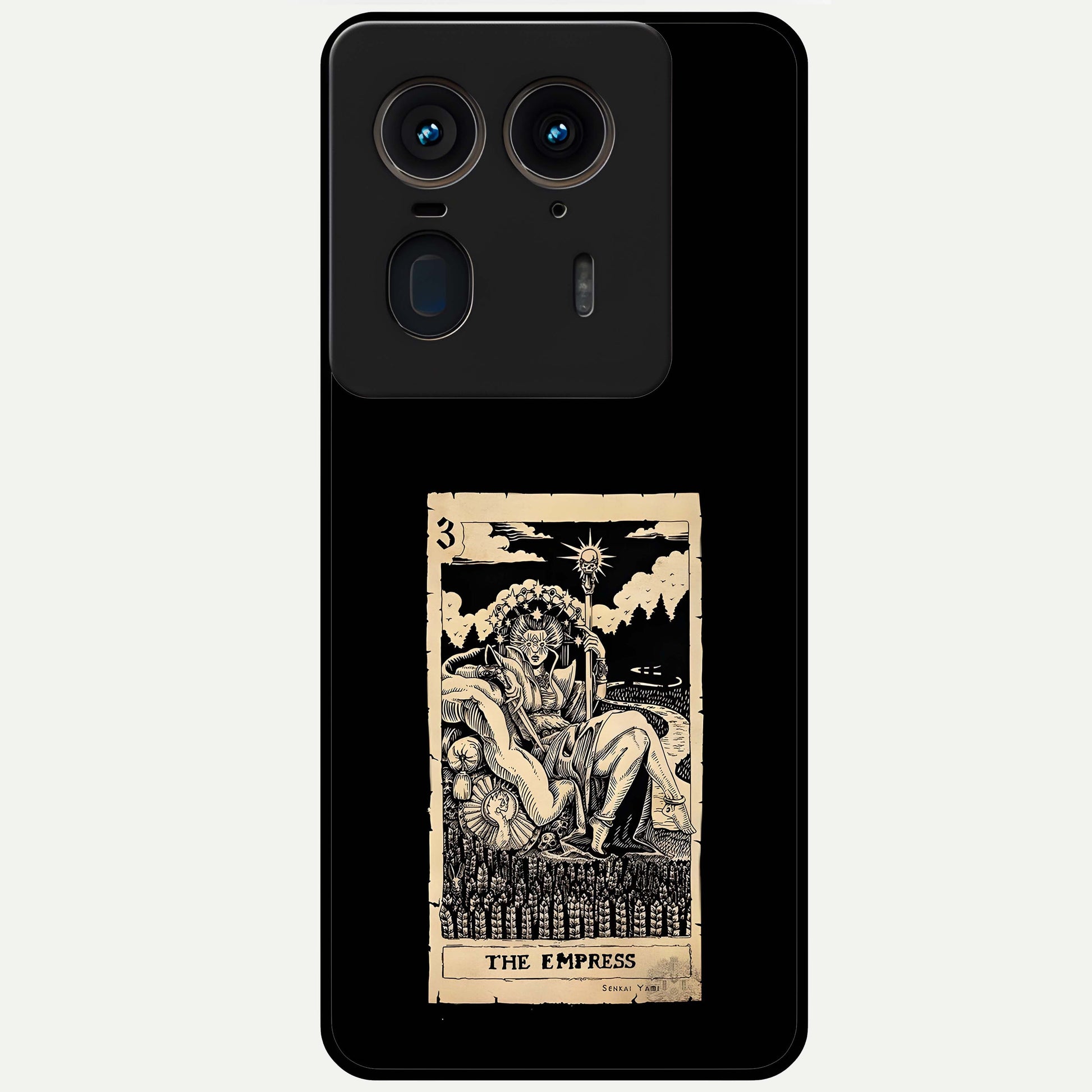 The Empress Glass Case showing flat back view with regal feminine artwork and glossy glass finish.
