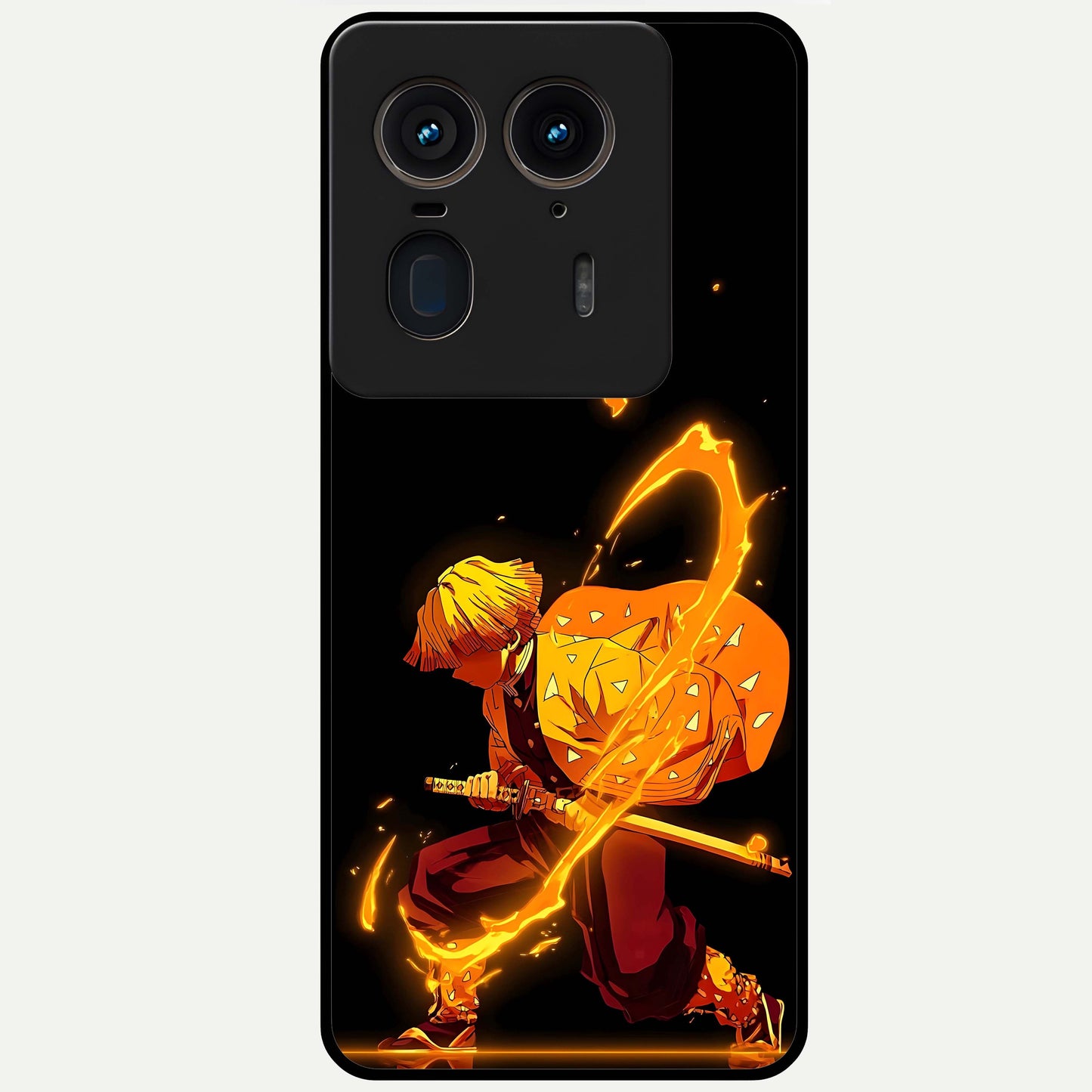 Thunder Flame Execution Glass Case showing flat back view with powerful flame and lightning artwork and glossy glass finish.