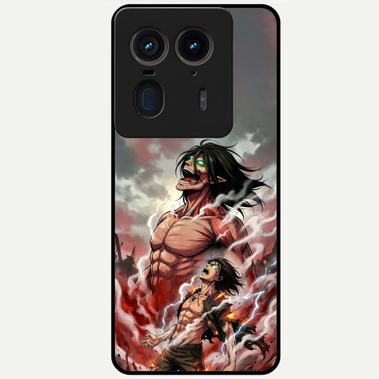 Titan Awakening Fury Glass Case showing flat back view with powerful titan inspired artwork and glossy glass finish.