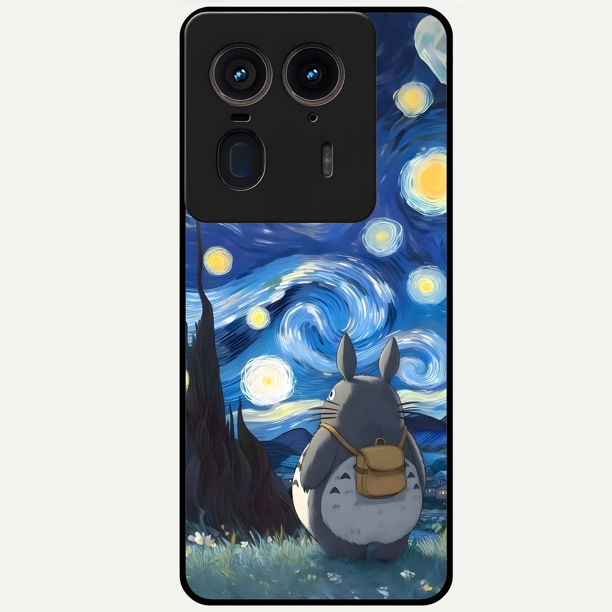 Totoro In Van Gogh Art Glass Case showing flat back view with whimsical character artwork inspired by Van Gogh style and glossy glass finish.
